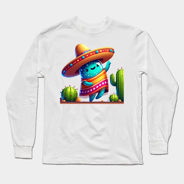 Cute Dabbing Mexican Poncho Sombrero Cinco de Mayo With Dancing Cacti Long Sleeve T-Shirt by Chahrazad's Treasures